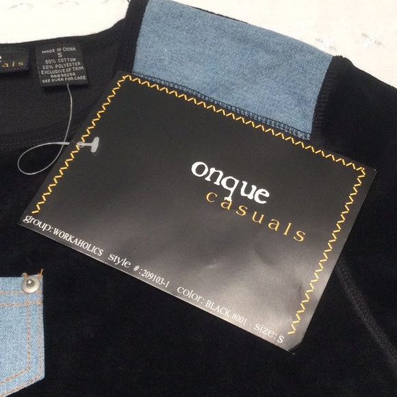 Onque Casuals Black Velvet Long Sleeve Shirt w/ Denim On Shoulders & Pocket - Picture 4 of 6